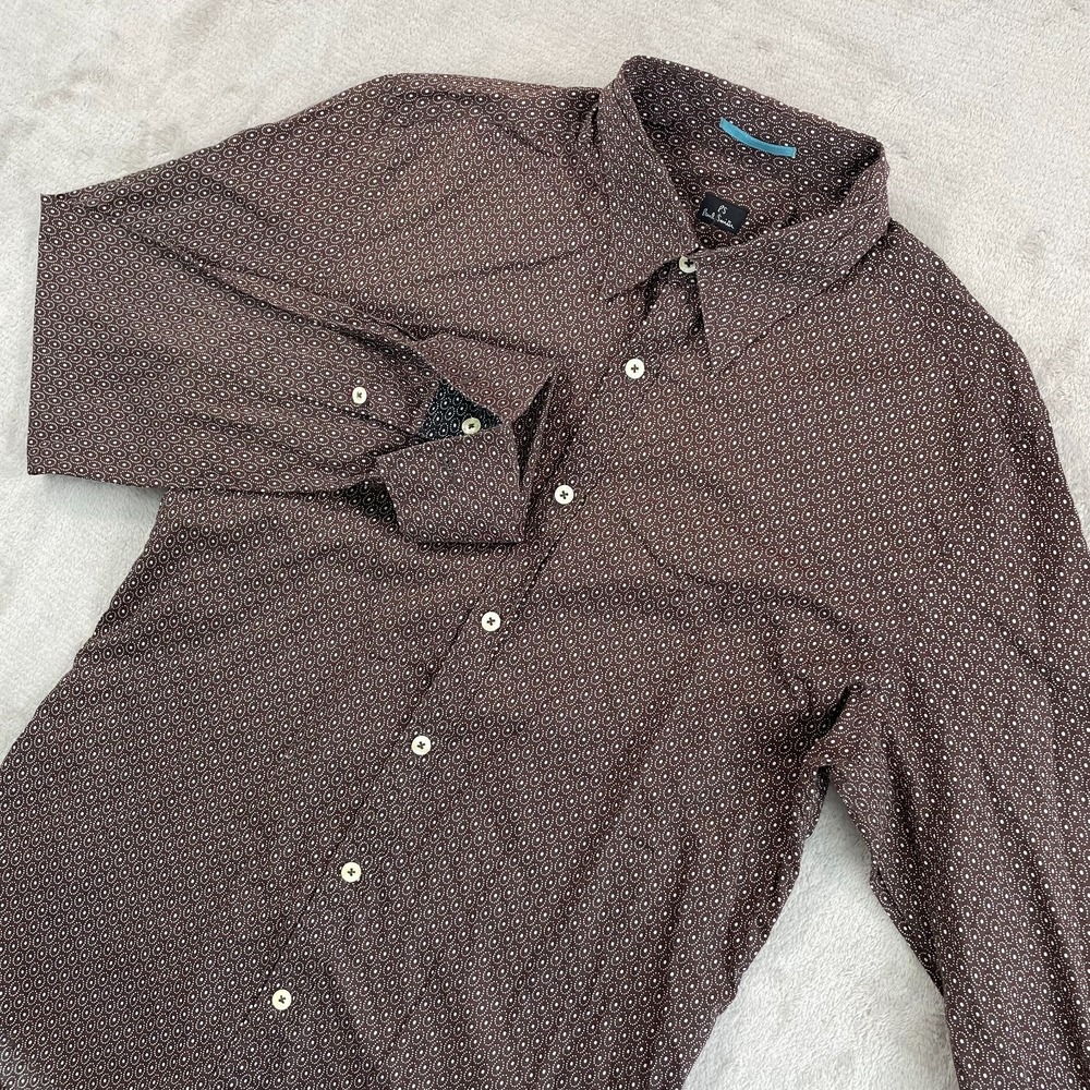 Paul Smith PS Shirt Men Large Brown Geometric AOP French Cuffs Designer Luxury